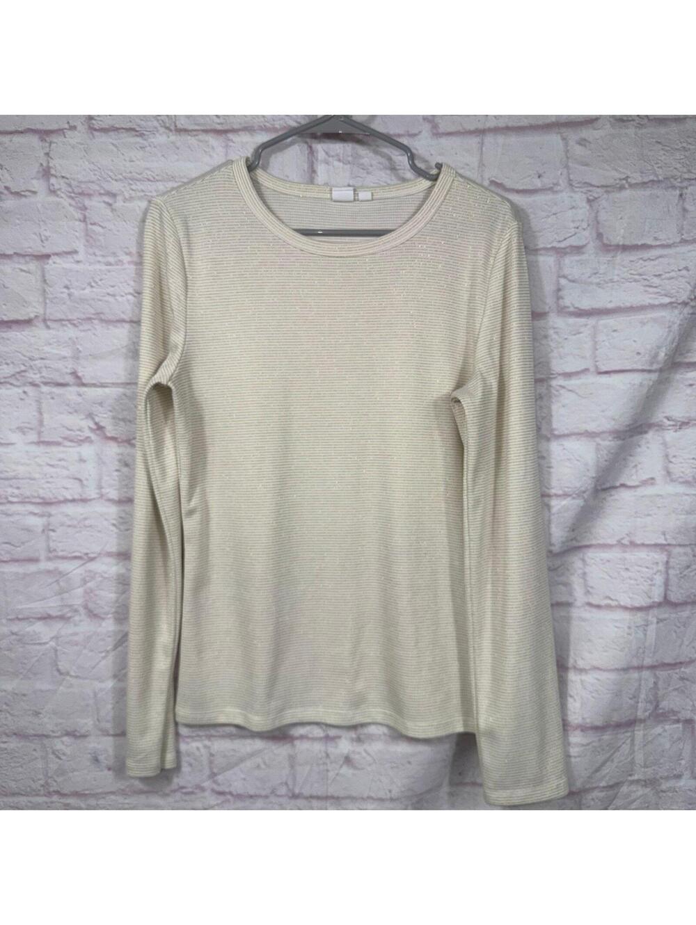 Gap Cream Gold Metallic Stripe Long Sleeve Knit Top Size Large